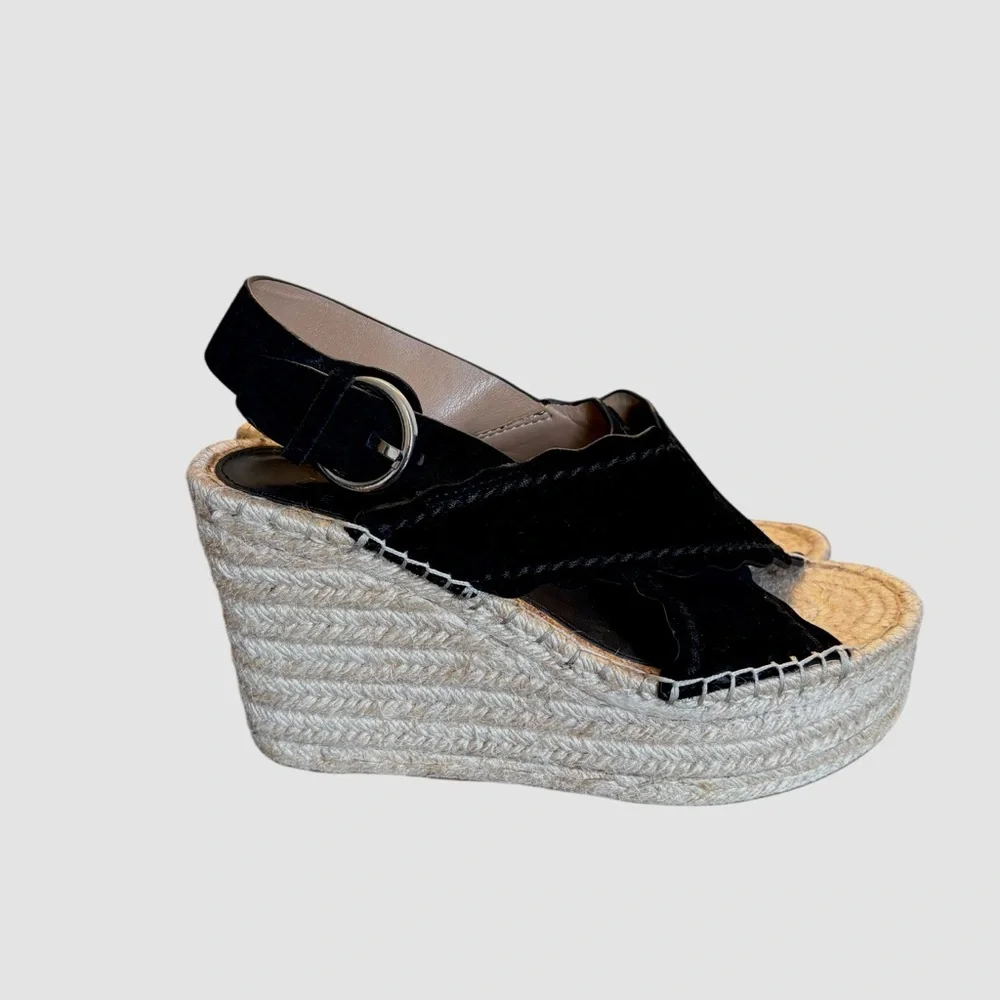 Marc Fisher Mlaria Black Suede Tan  Espadrille Wedge Platform Sandals